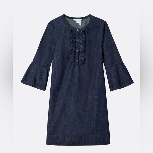 Draper James Chambray Ruffled Dark Denim 100% Cotton Shift Dress Size 10 - Picture 1 of 10
